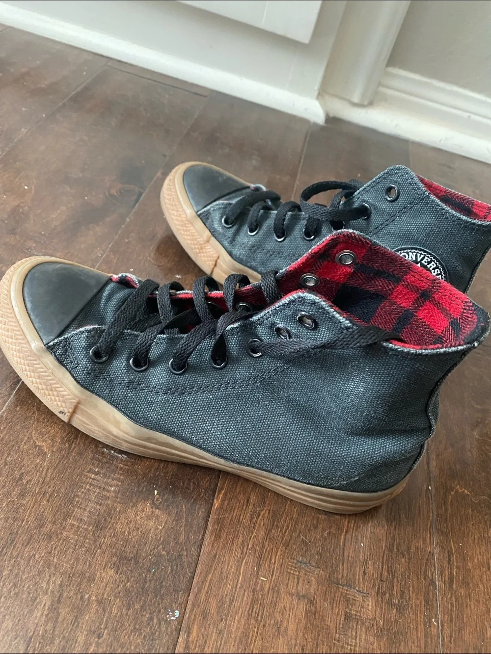 Converse Kids Black High-Top Sneakers with Red Plaid Lining